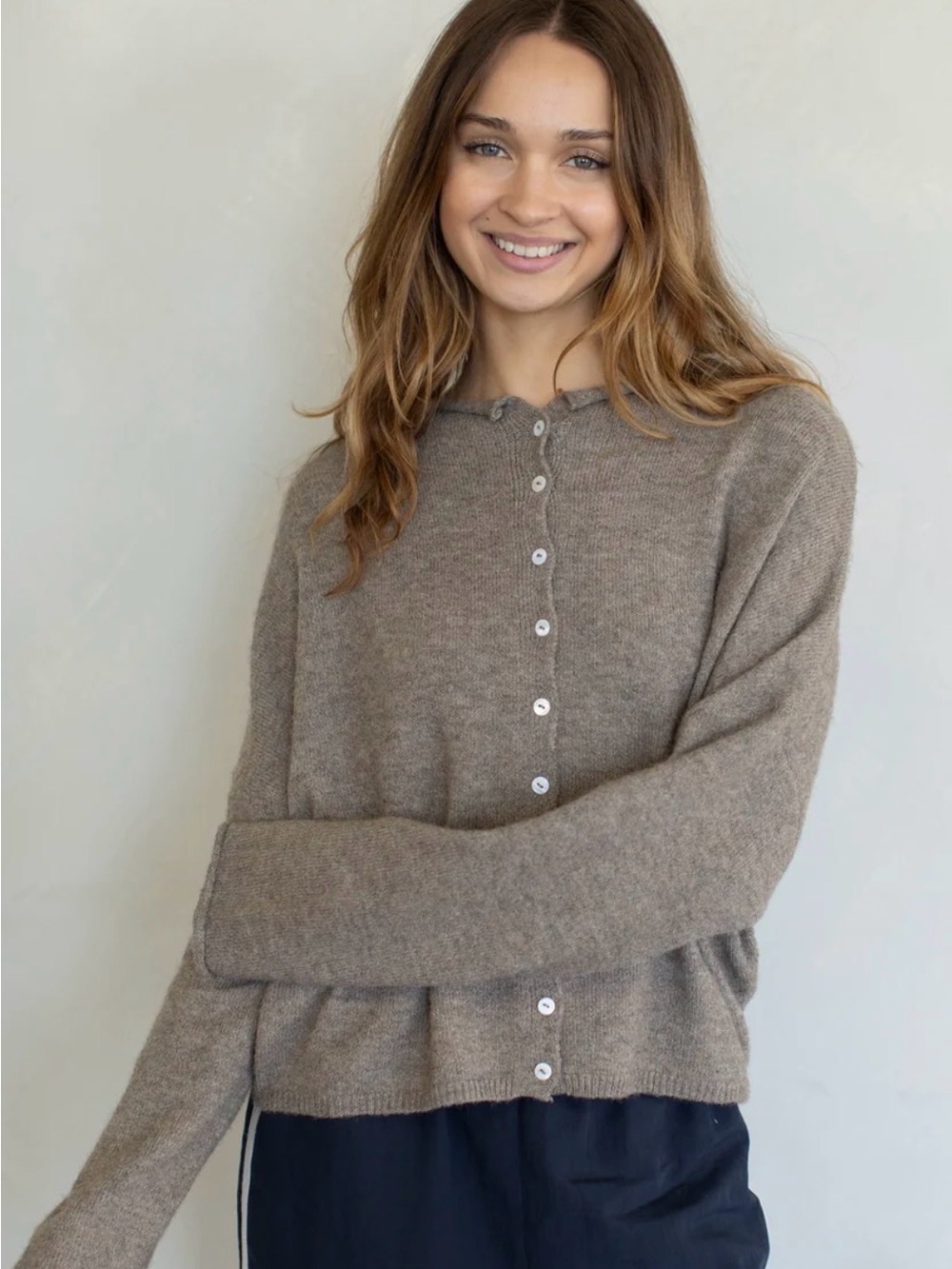 NWT Things Between Soft Knit Button-Front Sweater Cardigan - Taupe/Mocha